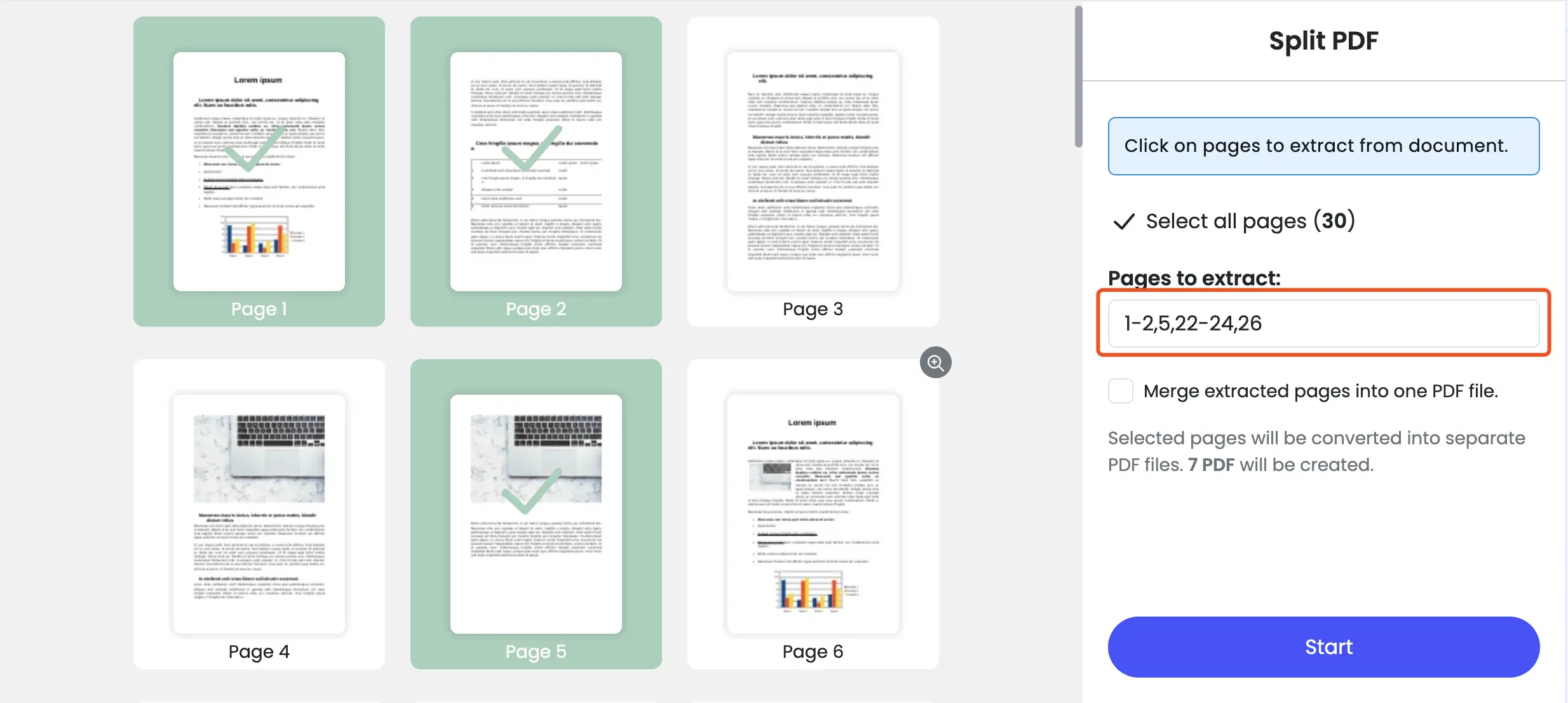 split pdf Enter Page Numbers